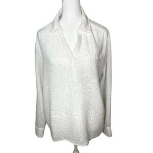 CeCe Womens Popover White Cotton Long Sleeve Button-Down Shirt Size M